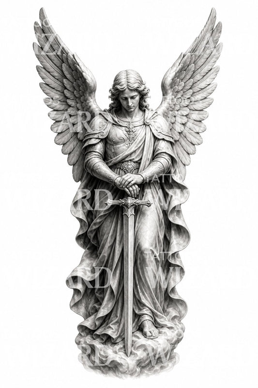 Ilustración de tatuaje de estatua de arcángel en negro y gris