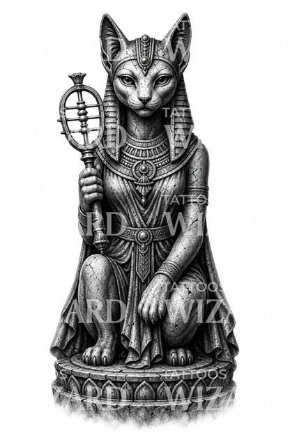 Ilustración de tatuaje de estatua de Bastet en negro y gris