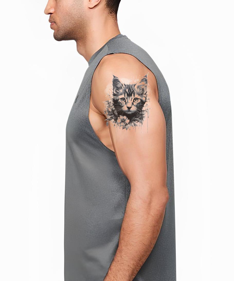 Diseño de tatuaje de retrato de gato negro y gris