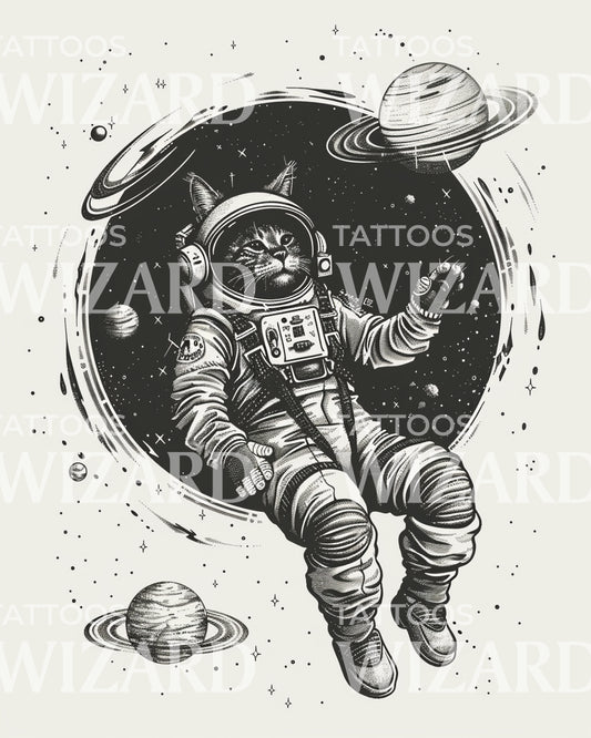 Black and Grey Cat Astronaut Tattoo Design