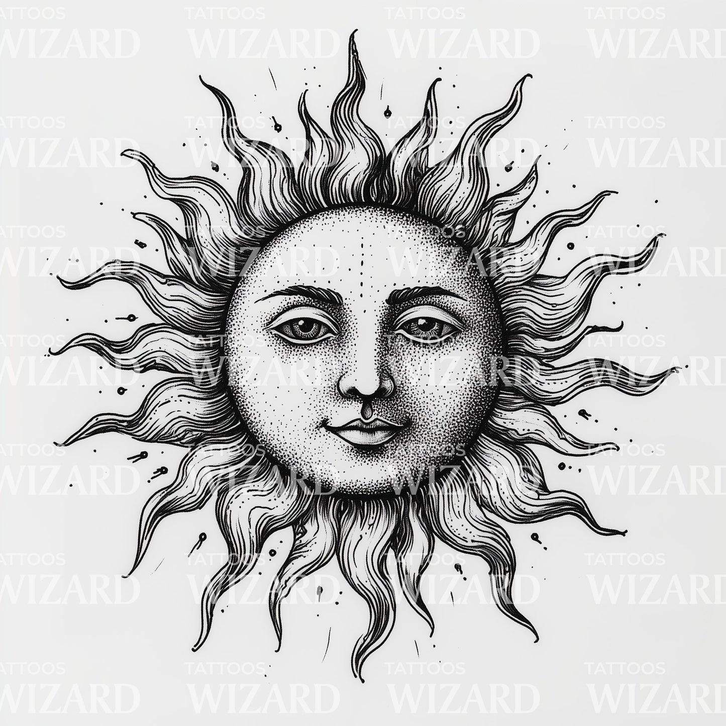 Black and Grey Celestial Sun Tattoo Design