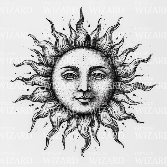 Diseño de Tatuaje Celestial del Sol en Negro y Gris