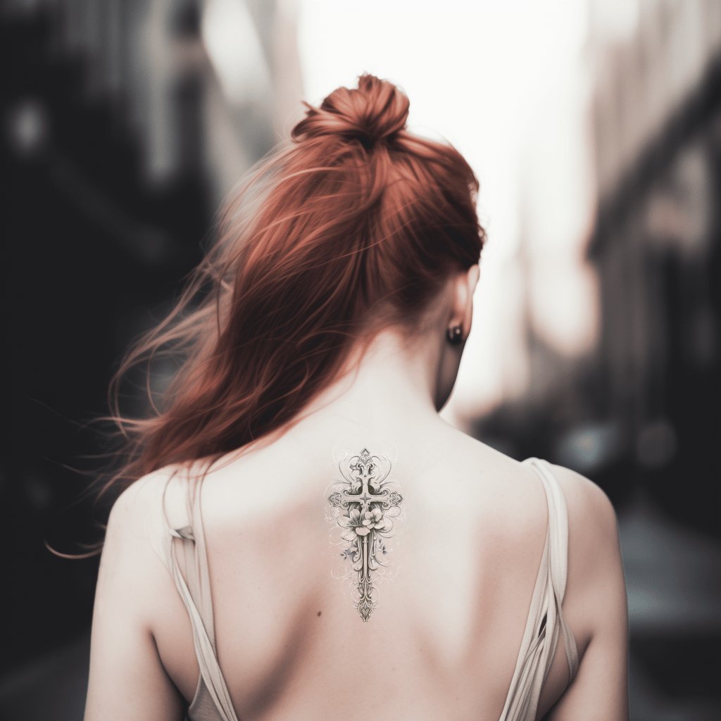 Delicate Cross with Flowers Tattoo Design