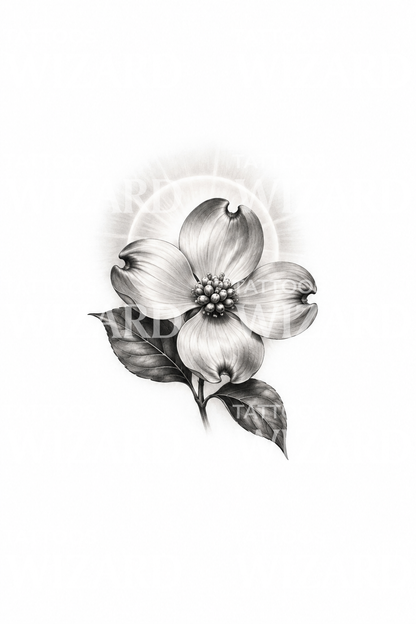 Black and Grey Dogwood Blossom with Halo Tattoo