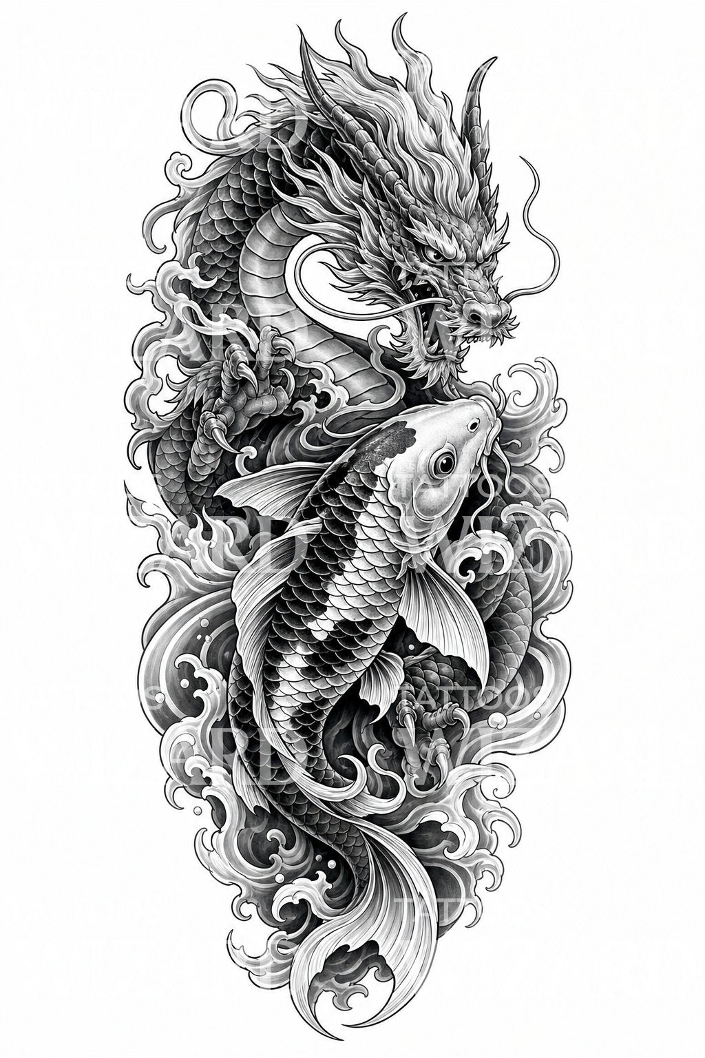Black and Grey Dragon Koi Sleeve Tattoo Idea