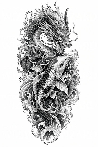 Black and Grey Dragon Koi Sleeve Tattoo Idea