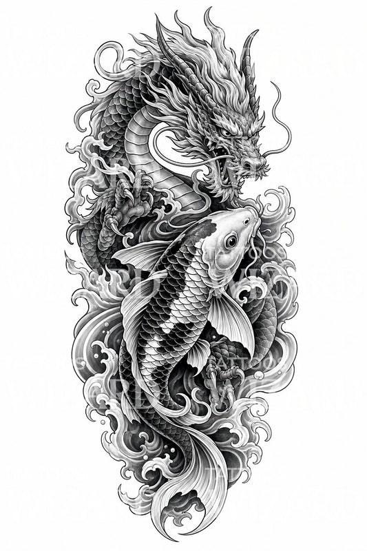 Black and Grey Dragon Koi Sleeve Tattoo Idea