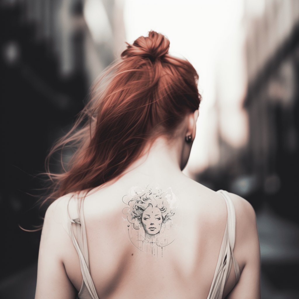 Schwarzes und graues Tattoo-Design mit geometrischer Göttin