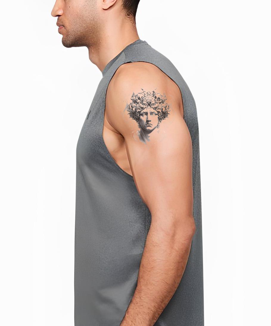 Timeless Black & Grey Greek God Bust Tattoo Design