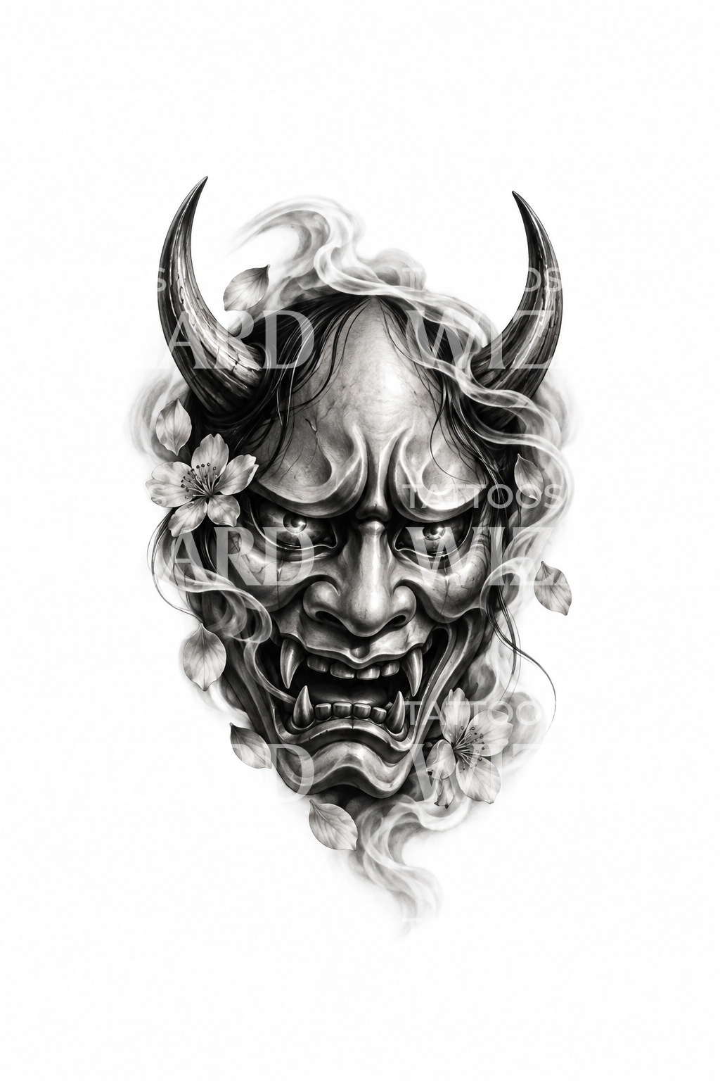 Černošedý návrh tetování masky Hannya v kouři