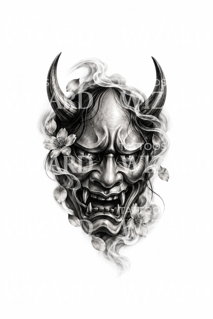 Černošedý návrh tetování masky Hannya v kouři