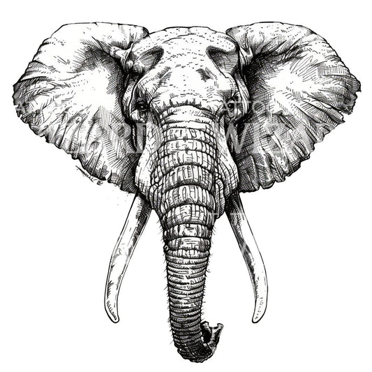 Conception de tatouage de visage d'éléphant à l'encre noire et grise