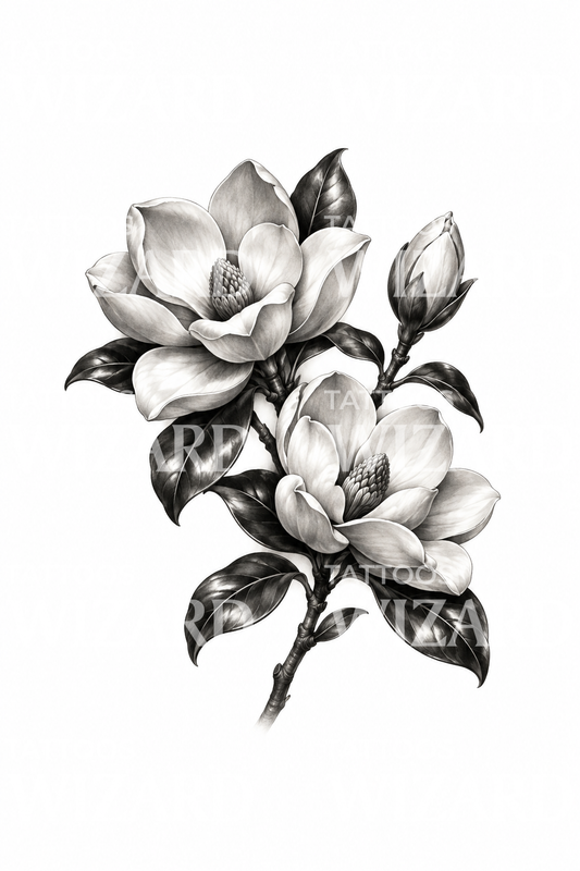 Tattoo-Design eines Magnolienzweigs in Schwarz und Grau