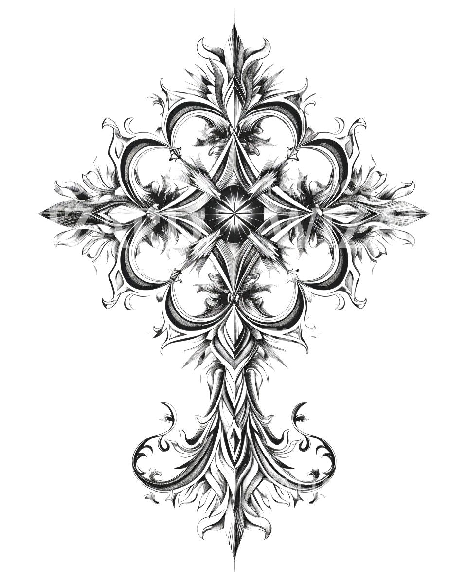 Conception de tatouage de croix gothique ornementée noire et grise