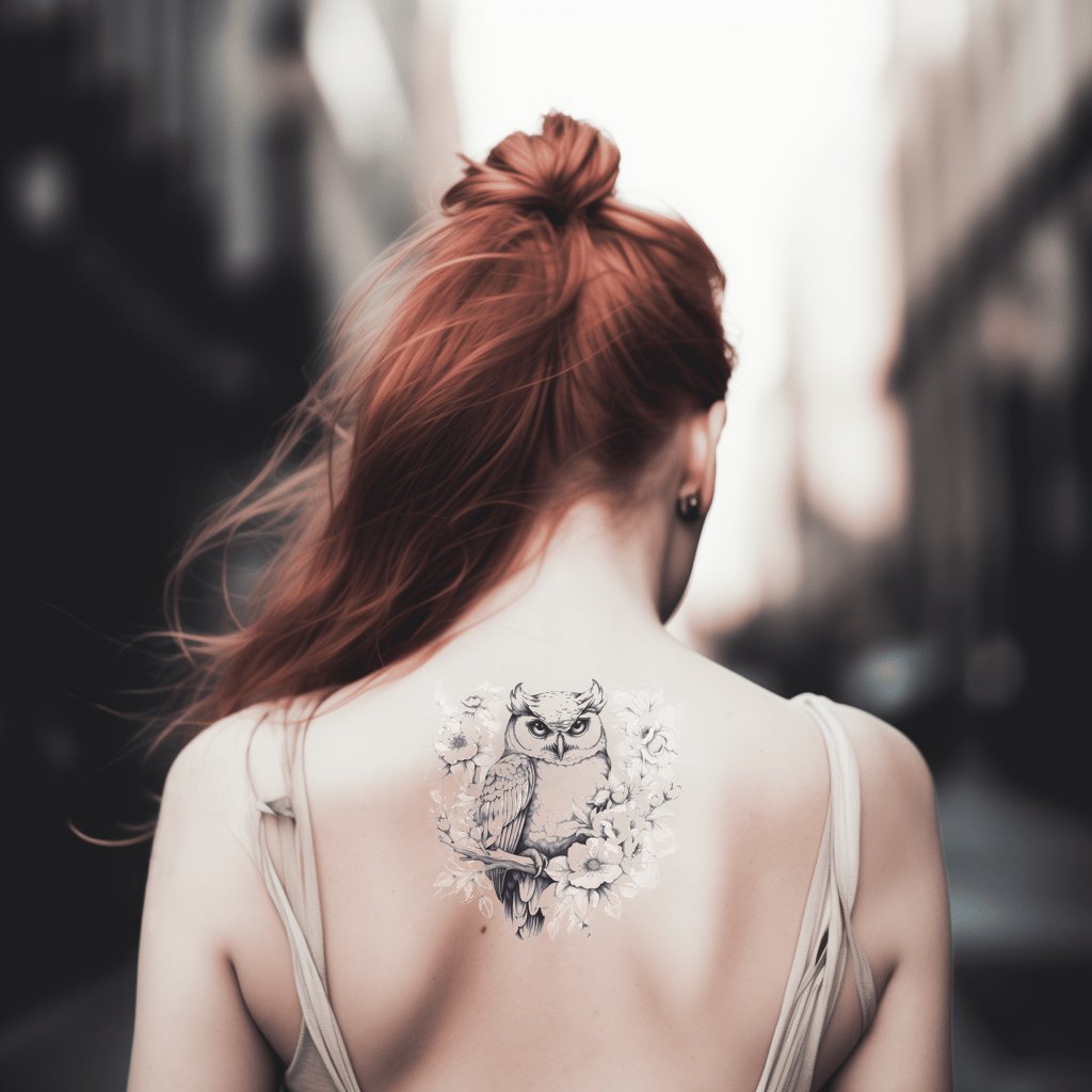 Schwarzes und graues Eulen- und Blumen-Tattoo-Design