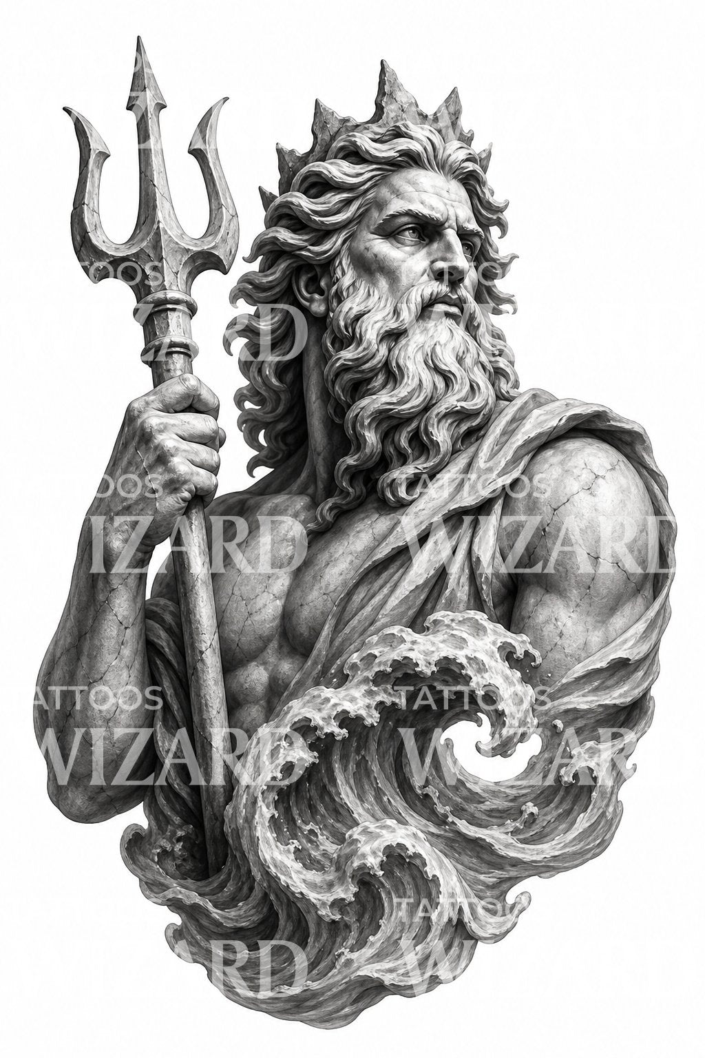 Black and Grey Poseidon Statue Tattoo Design