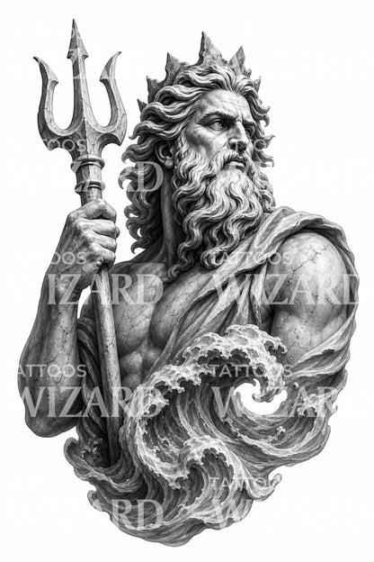 Black and Grey Poseidon Statue Tattoo Design