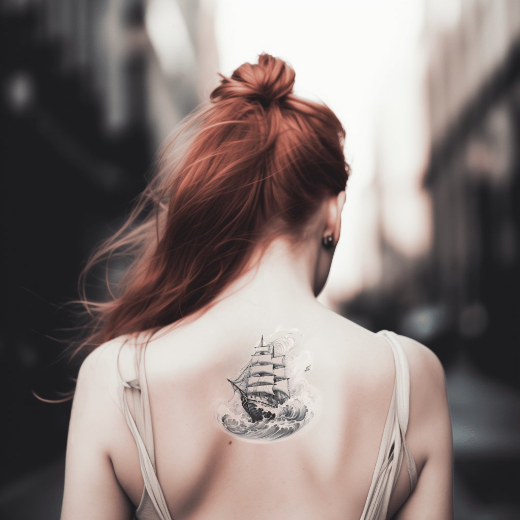 Black and Grey Ship in Storm Tattoo Design