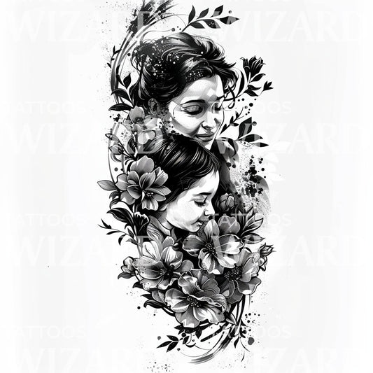 Black and Grey Tender Mother and Child Tattoo Design