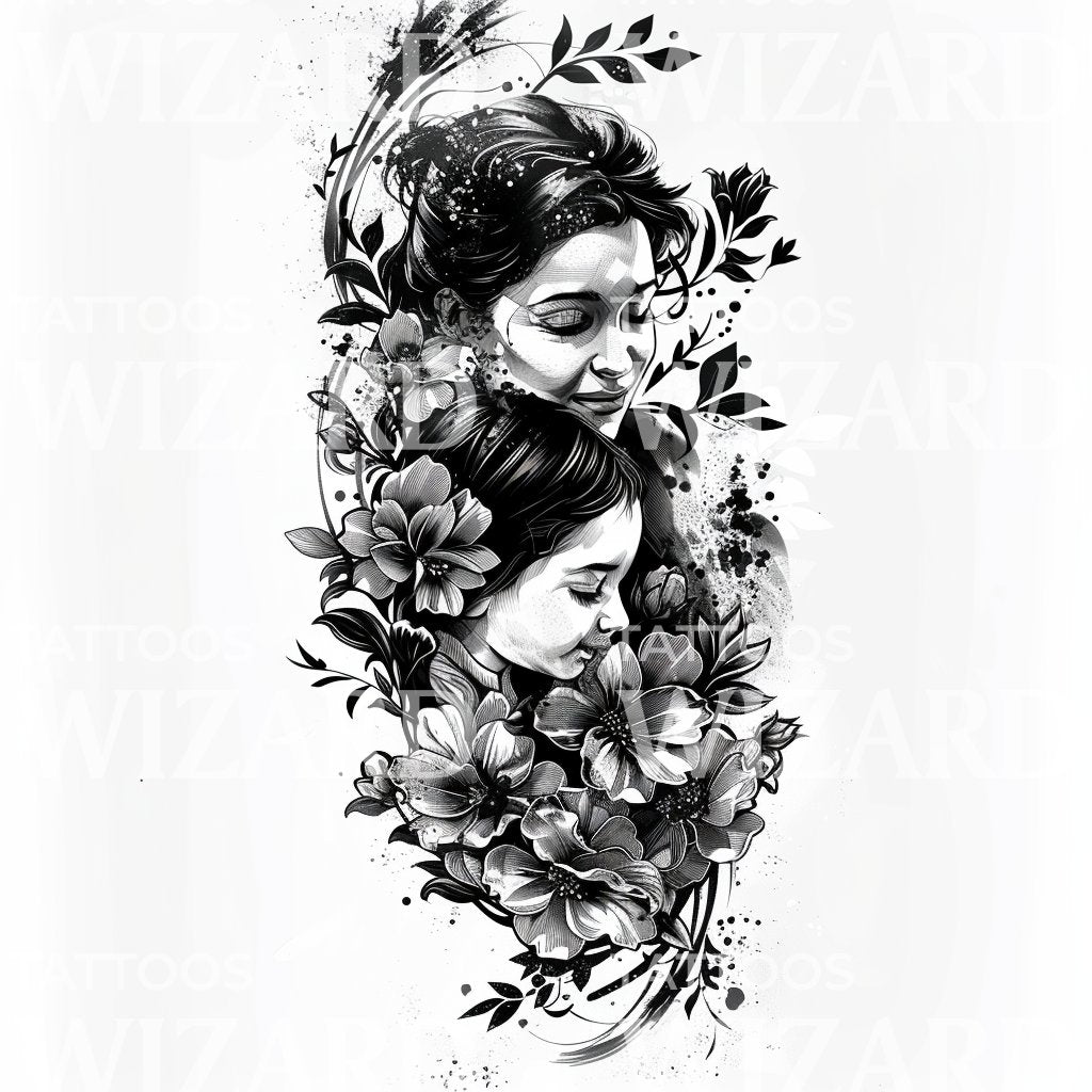 A Black and Grey Tender Mother and Child Tattoo Design