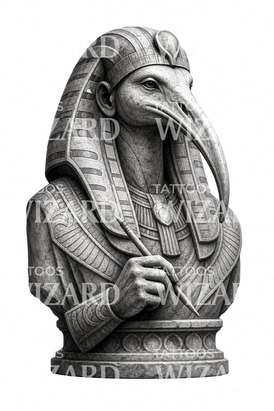 Desain Tato Patung Thoth Hitam dan Abu-abu