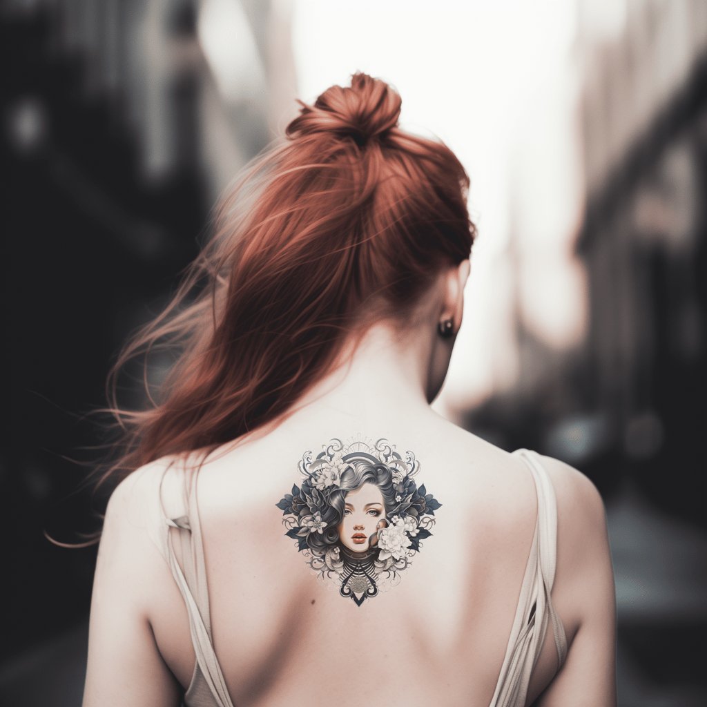 Vintage Girl with Black Flowers Tattoo Design