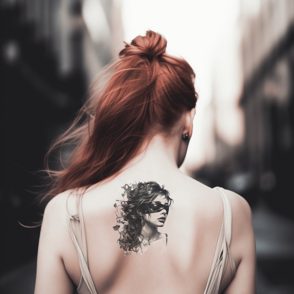Schwarzes und graues Tattoo-Design mit verbundenen Augen einer Frau