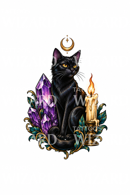 Black Cat Familiar with Crystal and Candle Witchy Tattoo