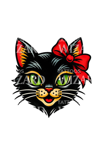 Black Cat Head with Red Bow Flash Tattoo Idea