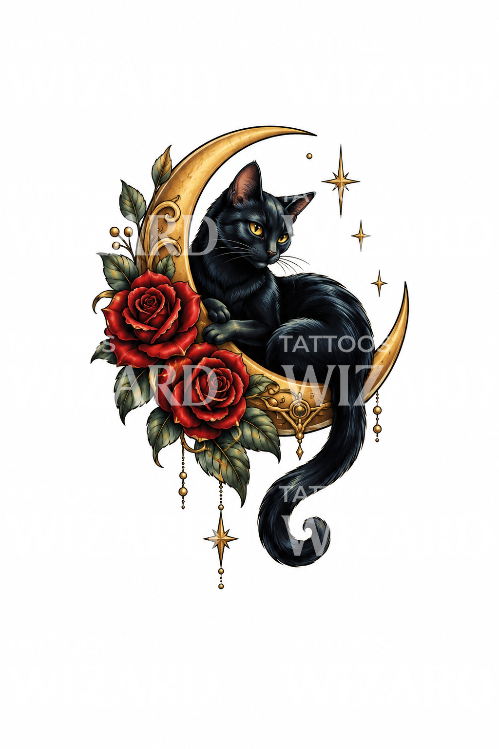 Tatovering av svart katt på halvmåne med røde roser