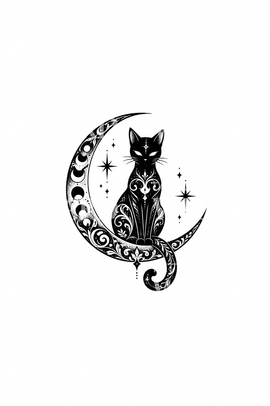 Desain Tato Kucing Hitam di Atas Bulan Sabit Berornamen