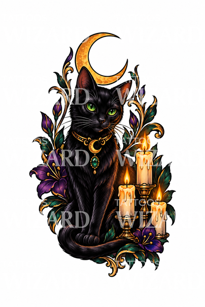 Tatuaje de gato negro con velas y luna creciente