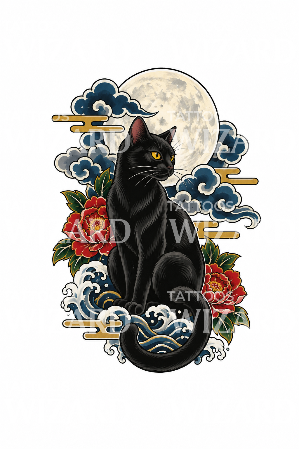 Tatuaggio giapponese gatto nero con luna piena