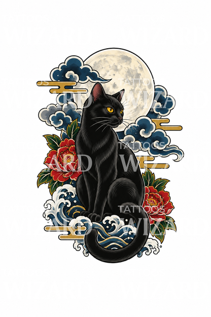 Tatuaggio giapponese gatto nero con luna piena