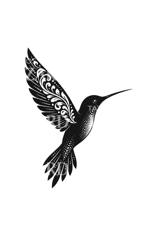 Colibri preto com asa em arabescos, design de tatuagem