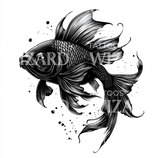 Black Ink Goldfish Tattoo Design with Flowing Fins