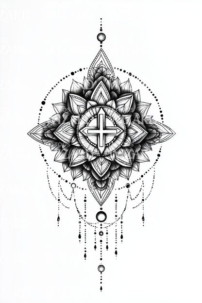 Black Lace Mandala Cross Tattoo Design