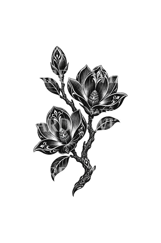 Tatoveringsdesign med sort magnoliagren og negativt rum