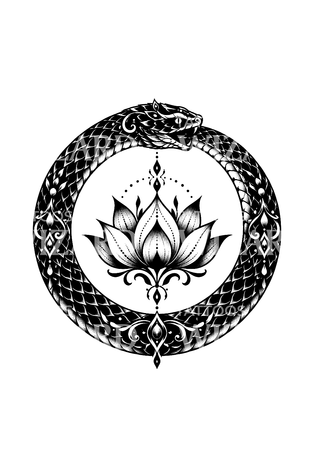 Czarny wąż Ouroboros wokół lotosu, tatuaż blackwork