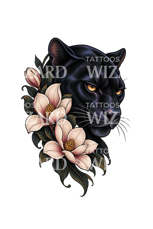 Motif de tatouage panthère noire et magnolias