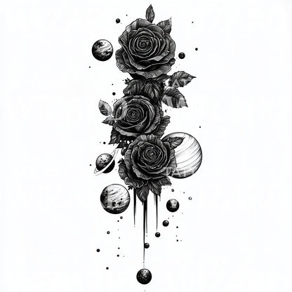 Schwarze Rosen und kosmische Planeten Tattoo-Design