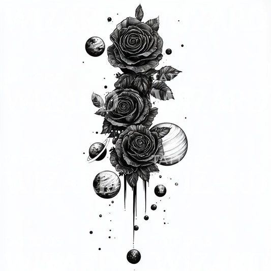 Black Roses and Cosmic Planets Tattoo Design