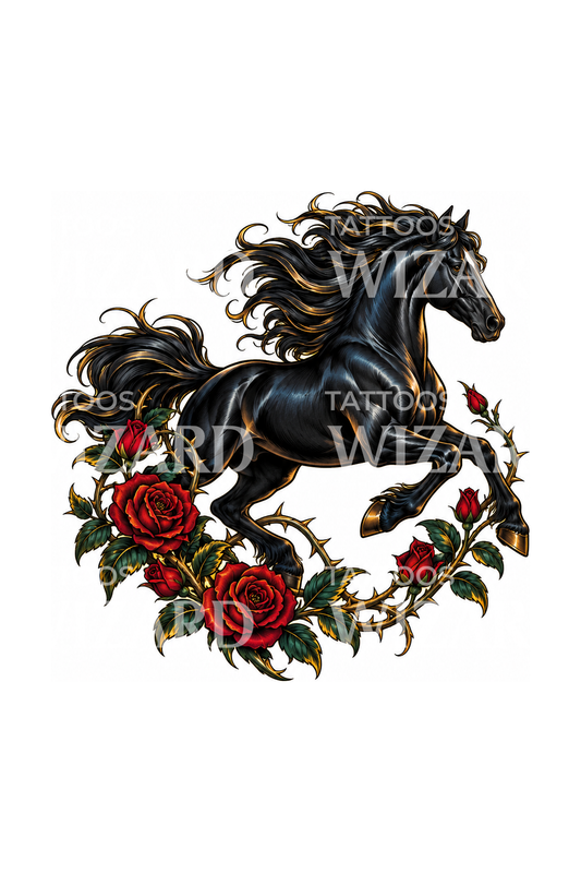 Tattoo-Design eines schwarzen Hengstes im Galopp durch wilde Rosen
