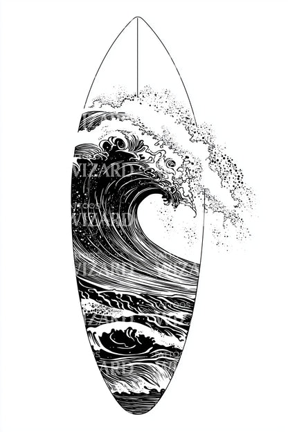 Black Wave Surfboard Tattoo Design