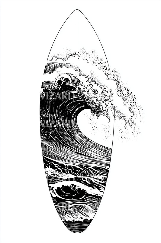 Black Wave Surfboard Tattoo Design
