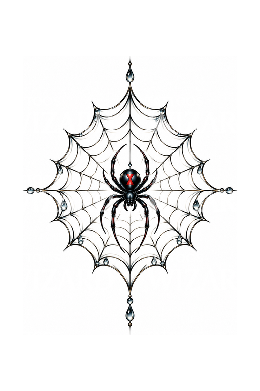 Diseño de tatuaje de viuda negra en telaraña con rocío
