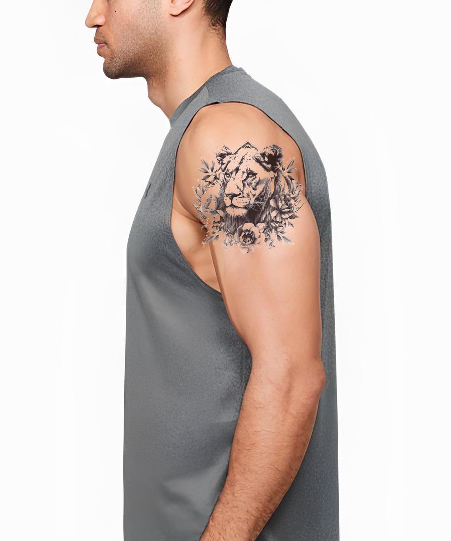 Elegant Lioness Portrait Black and Grey Tattoo Design