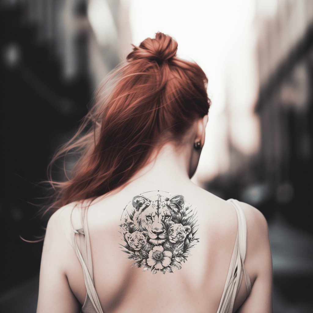 Conception de tatouage de lionne et d'oursons avec des roses noires et grises