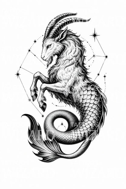 Blackwork Capricorn Sea Goat Tattoo Design