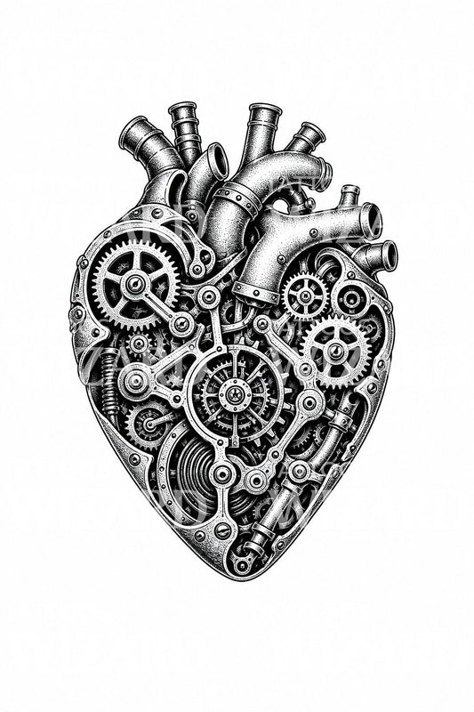 Blackwork projekt tatuażu z sercem mechanizmem zegarowym